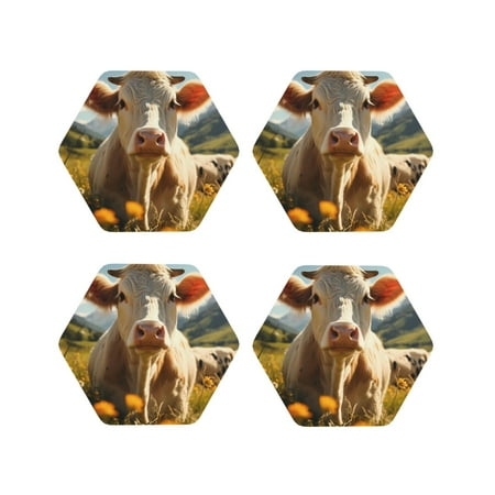 

Tideii Sunflower Cow Pasture for Leather Coasters 4 Pieces Anti-fouling and Anti-scalding Decorative Coasters Suitable for Restaurants Kitchens Coffee Shops-Hexagon