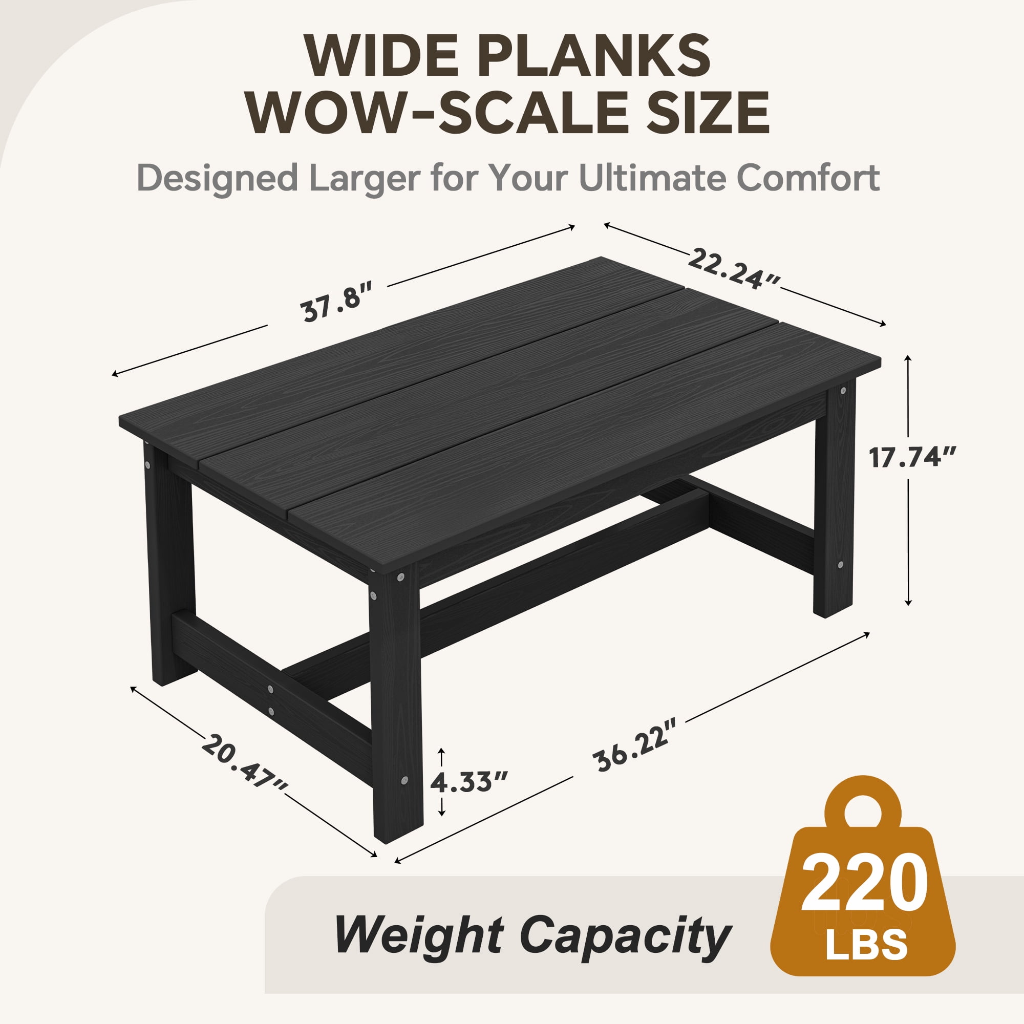 SERWALL Outdoor Patio Coffee Table, 37.8" x 22.8" HDPE Weatherproof, Black