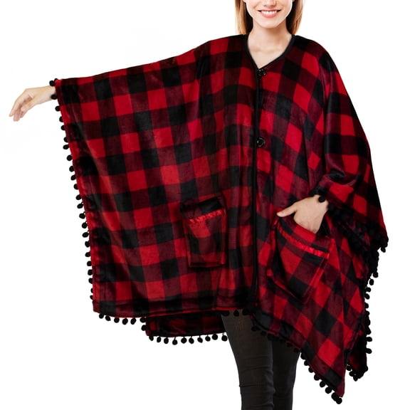 PAVILIA Fleece Poncho Blanket for Women | Cozy Wearable Blanket Gift, Warm TV Shawl Sweater Cape with Pom Pom Fringe and Pockets, Gifts for Women (Buffalo Checker Red)