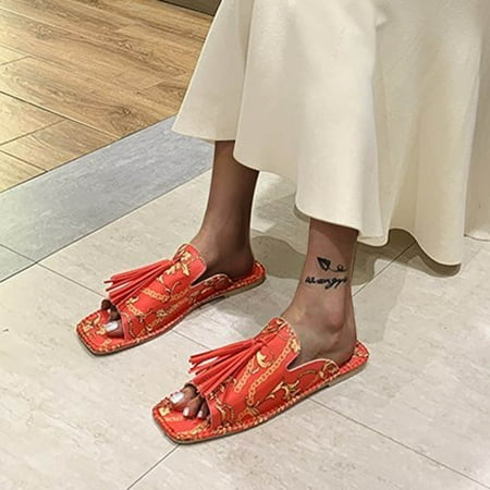 

Summer Savings! Zpanxa Slippers for Women Casual Fashion Flower Tassel Decoration Flat Sandals and Slippers Flip Flops for Women Red 39