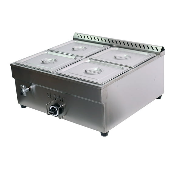 4 Pan LP Gas Food Soup Warmer Commercial Canteen Buffet Steam Heater with Pressure Relief Valve Double Row 110V
