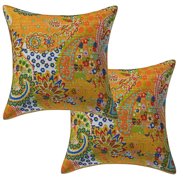 Stylo Culture Indian Sofa Throw Pillow Covers 16 x 16 Floral Kantha Mango Yellow Printed 40x40 cm Home Decor Cotton Paisley Square Cushion Covers | Set Of 2