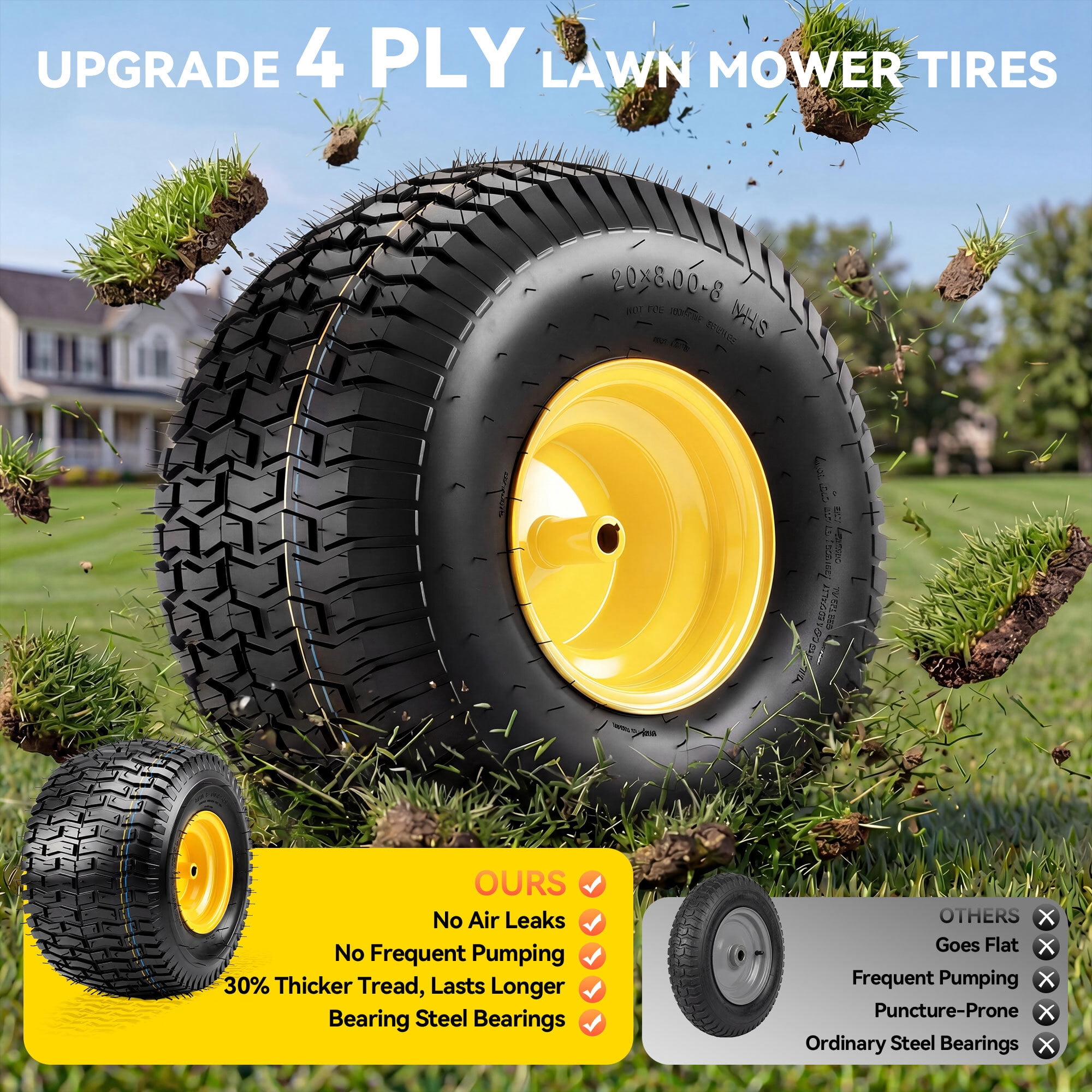 Uforic Set of 2 20x8.00-8 Lawn Mower Tire & Wheel Assembly, Heavy Duty 4 Ply Tubeless Front Replacement Tires, 3/4" Bore Hole 3/16" Keyway, 960 LBS Max Load for Riding Lawn Tractors & Garden Vehicles