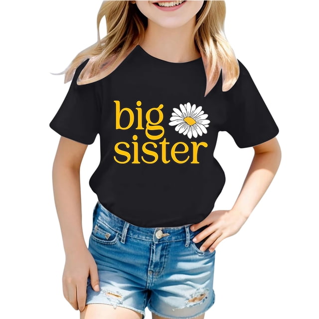 NINGMENG Hauts et T-Shirts pour Filles Tout-Petits Imprimé Lettre Col Rond Manches Courtes Mode Décontractée Chandail T-Shirts Extérieur, Noir, 4-5 Ans