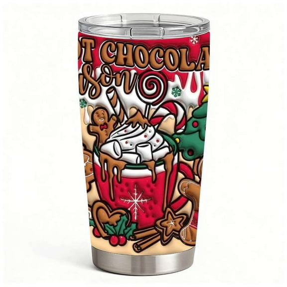 Hot Chocolate Season Tumbler with Lid, Gingerbread & Candy Christmas Print, Insulated Stainless Steel Mug