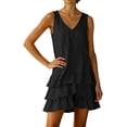 thumbnail image 7 of Women's Cotton Linen V Neck Sleeveless Mini Dress Babydoll Summer Cute Layered Ruffle Swing Tank Dress, 7 of 7