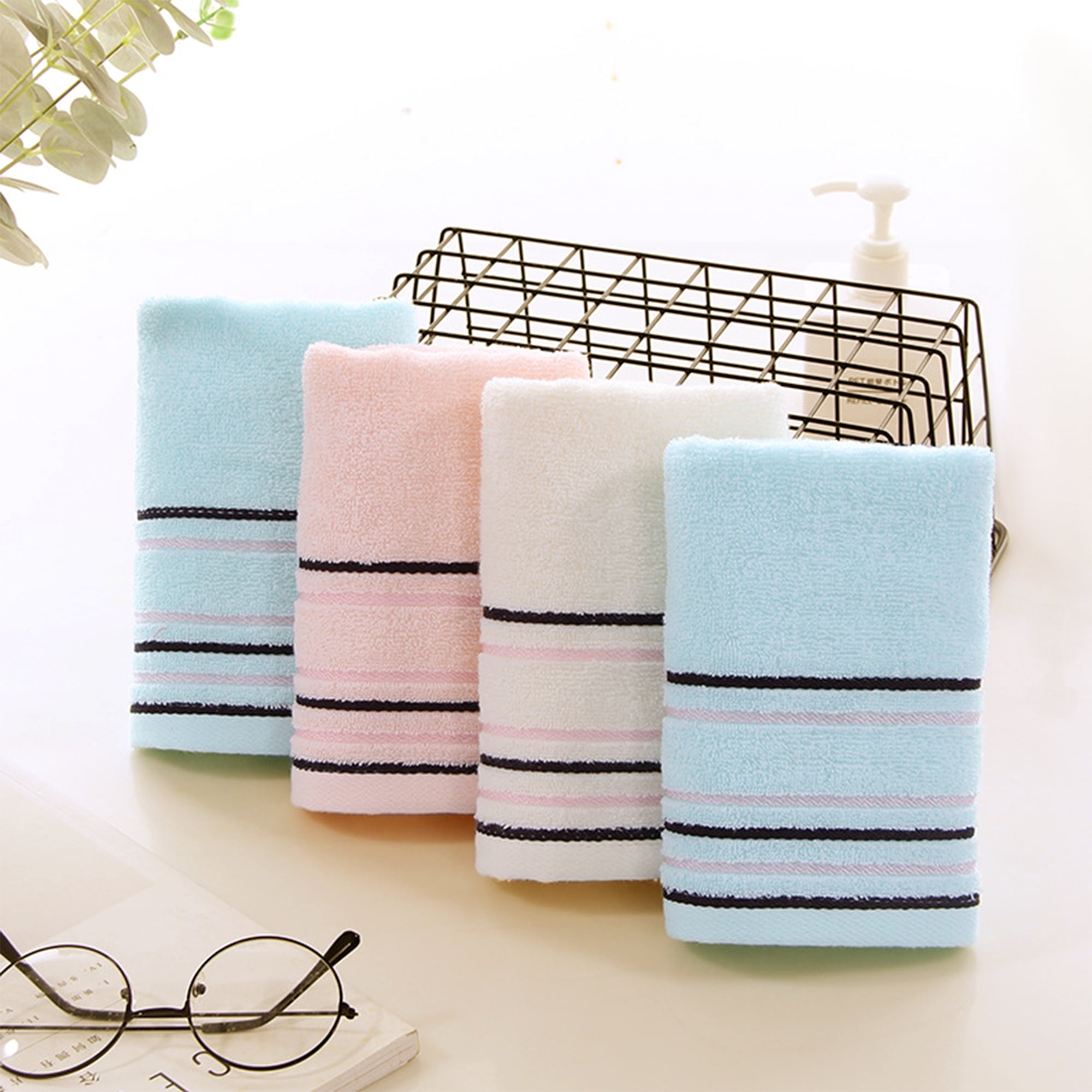 Unique Bargains Striped Pattern Absorbent Hand Towels Beige 4-Piece 13" x 27"