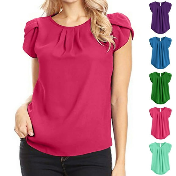 Ahuyic Women's Loose Plus Size Short-Sleeved Top,Summer Casual Daily Clothes For Women,Women's Chiffon Solid Color Short Sleeve Round Neck Casual Shirt Short Sleeve Blouse