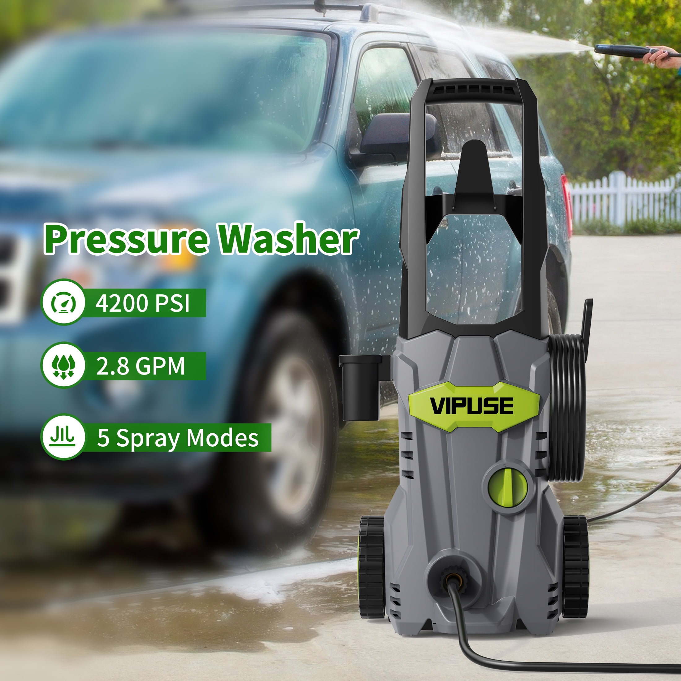 Vipuse Electric Pressure Washer,4200 PSI Max.2.8GPM Power Washer with 23ft Hose /4 Nozzles/400ML Foam Cannon,Clean Tool for Cars/Fences/Patios/Floor