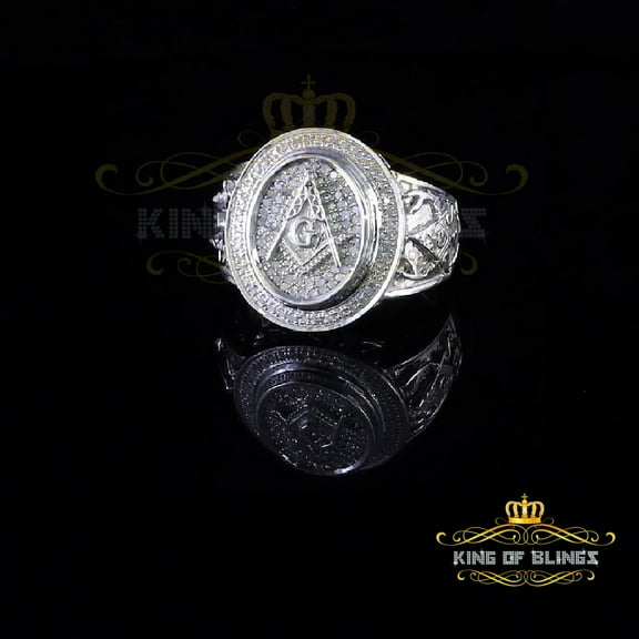 King of Bling's 0.33 ct Real Diamond Men's 925 Sterling Silver Masonic White Ring With Size 10