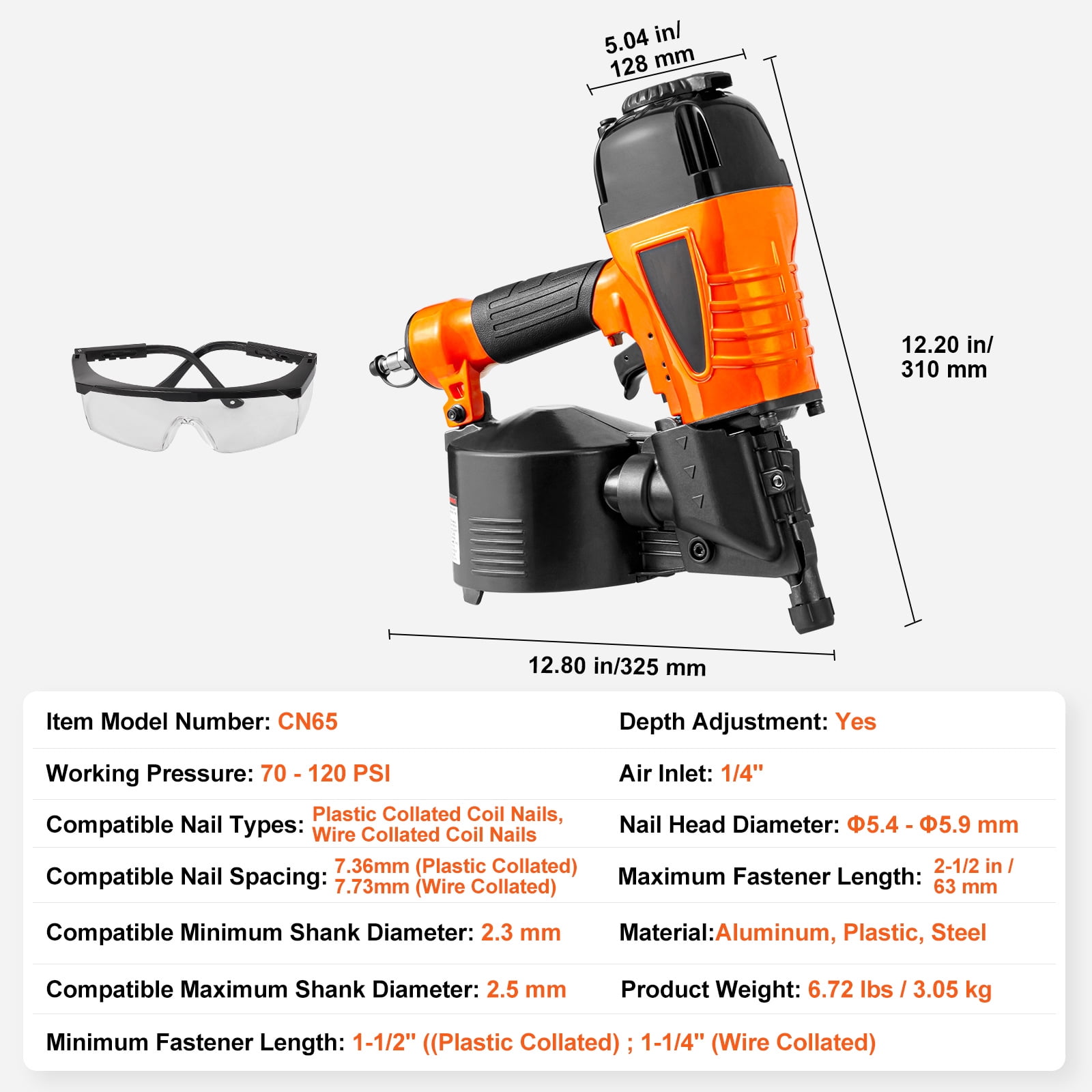 KFFKFF Pneumatic Coil Siding Nailer CN65, Air-Powered Nail Gun with Adjustable Depth Control 70-120 PSI for Siding