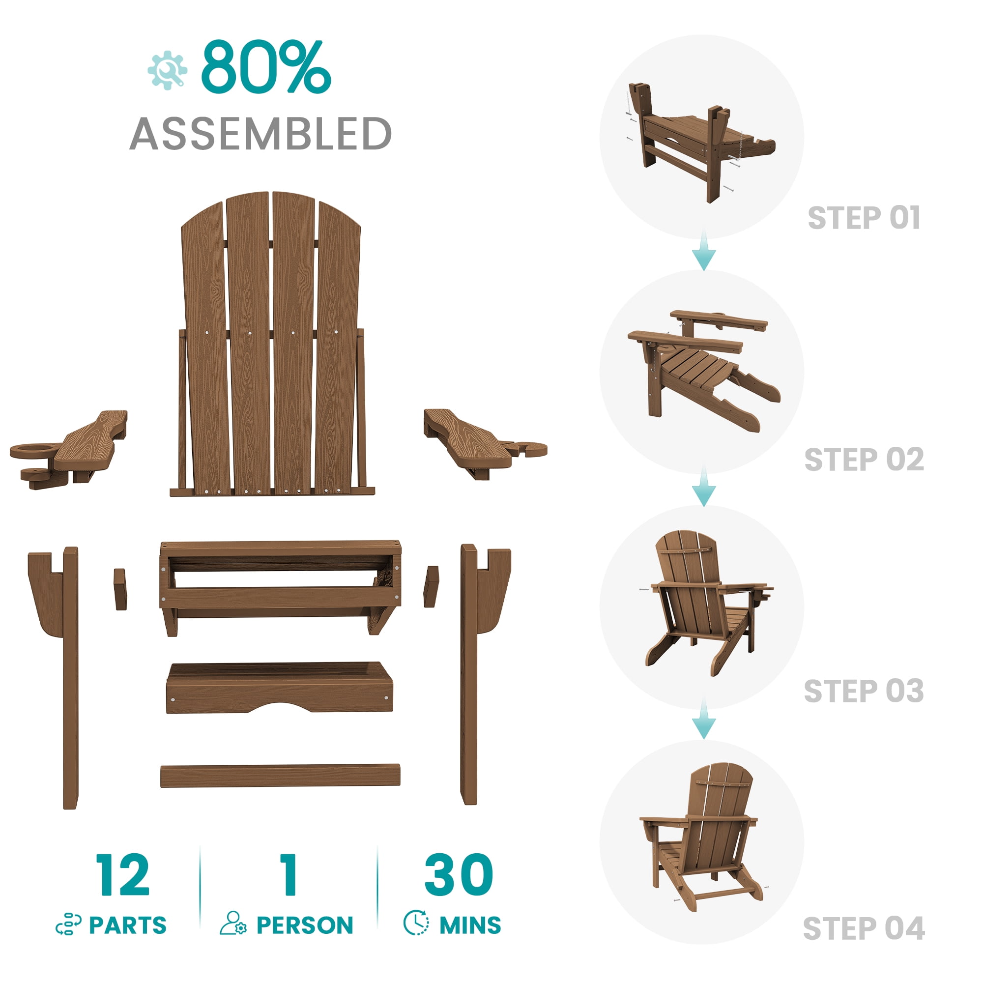 KINGYES Folding Adjustable Adirondack Chair with Retractable Ottoman Set of 2 for Patio Garden, Brown