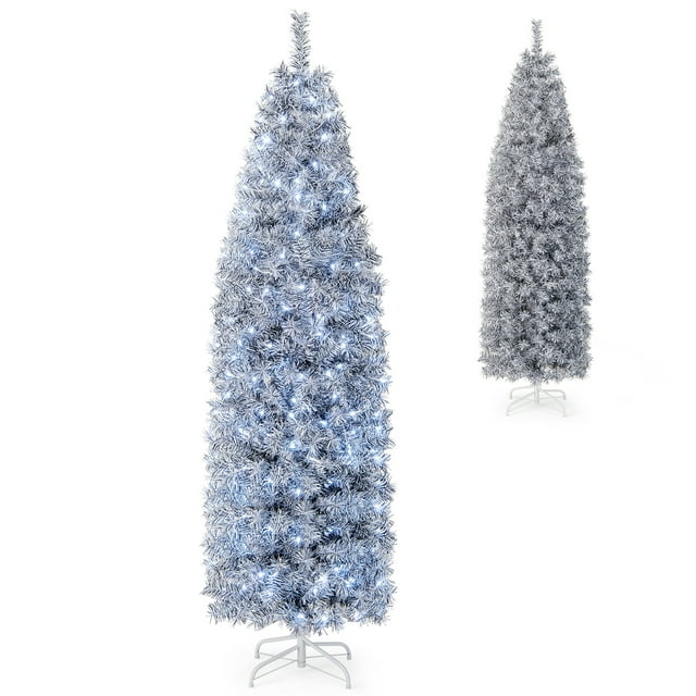 Patiojoy 7FT Pre-lit Artificial Christmas Tree Hinged Pencil Xmas Tree w/670 Branch Tips 350 Cold-white LED Lights