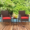 thumbnail image 6 of 3 Piece Bistro Conversation Set Patio Brown Wicker Chairs Furniture Outdoor Furniture Set 2 Rattan Chairs with Red Cushions and Glass Coffee Table for Porch Lawn Garden Balcony Backyard, 6 of 7