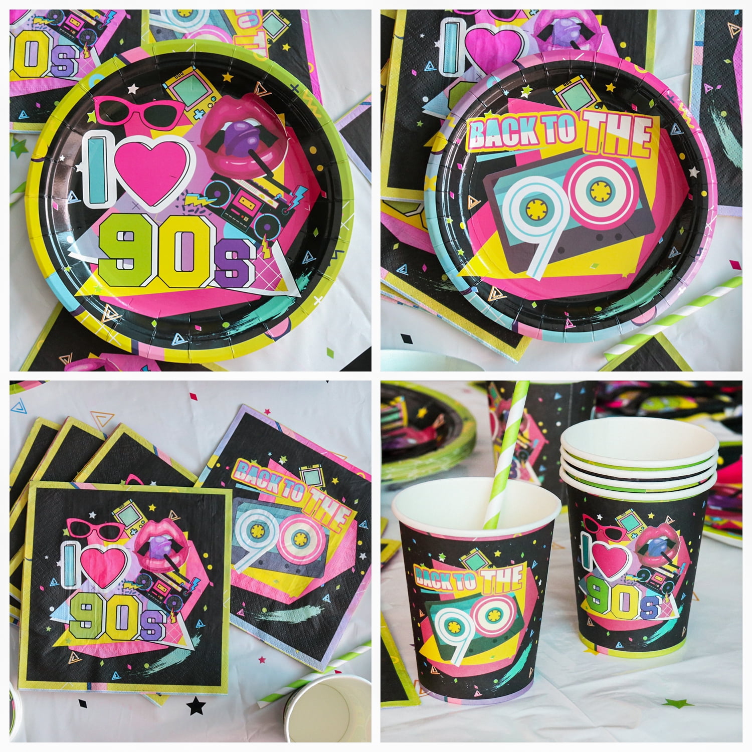 90s Party Supplies - Back to the 90s Party Decorations Set Including HAPPY BIRTHDAY Banner, Hanging Swirls, 90s Element Bunting, Plates, Cups, Napkins, Tableware, Tablecloth, Balloons - Serves 20
