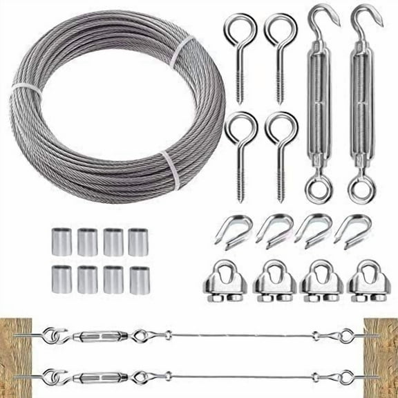 Tootaci 1/8" Wire Rope Kit, 50ft 304 Stainless Steel 7x7 Cable, with M6 Turnbuckles Tensioner Kit, Aircraft Cable Heavy Duty for String Lights