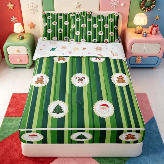 Manfei Xmas Striped Candy Zipper Twin Comforter Sets with Fitted Sheet and 2 Pillowcases,Santa Face Zipper Bedding Set,Christmas Reversible,4pcs