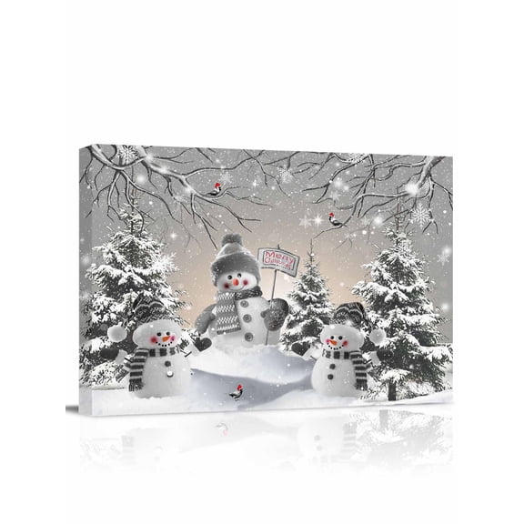 Christmas Snowman Canvas Print Wall Art Xmas Snowflake Winter Cabin Birds Pictures Painting Morden Artwork for Living Room Bedroom, Ready to Hang - 12"x16"