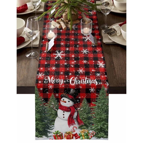 ERUNPONLY Red Plaid Snowman Christmas Table Runner - 70 Inch Long Xmas Tree Snowflake Gifts Cotton and Linen Blended Dress Scarves Farmhouse Table Runner for Kitchen Dining, Coffee Table, 13" x 70"