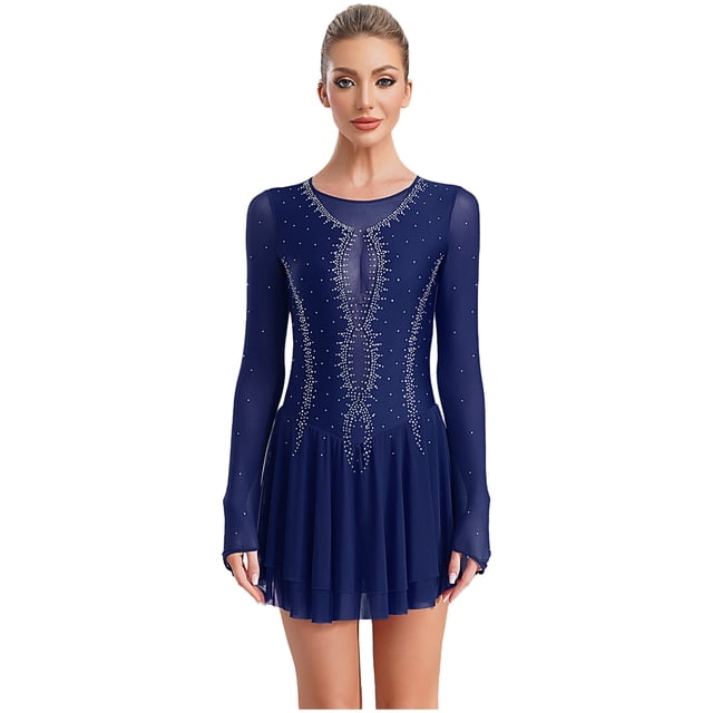 Runhomal Robe de Danse Lyrique pour Femmes Patchwork en Maille Manches Longues Justaucorps Costume de Danse Moderne Bleu Marine L