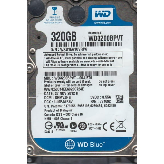 WD3200BPVT-00JJ5T0, DCM SHMVJHB, Western Digital 320GB SATA 2.5 Hard Drive