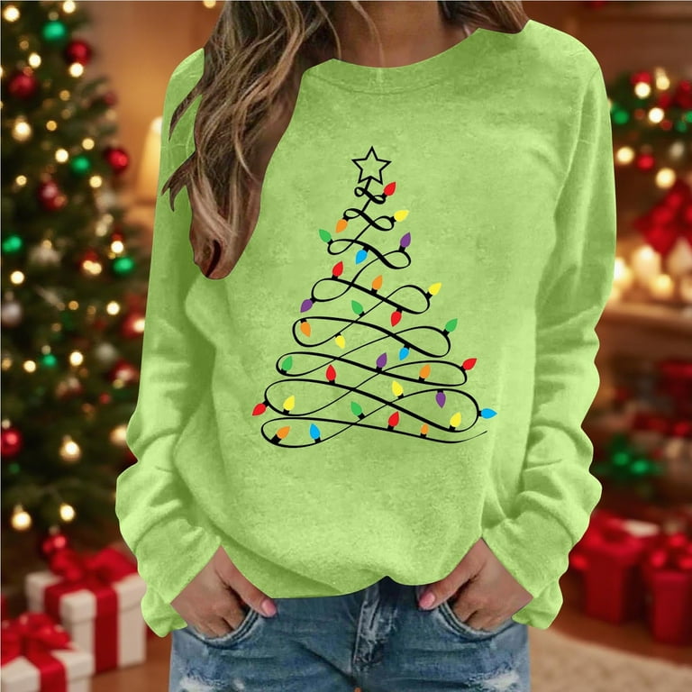 Taqqpue Women Christmas Shirts Long Sleeve Funny Xmas Tree Graphic