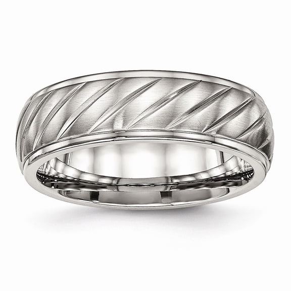 7mm Stainless Steel Brushed and Polished Grooved Ring - Size 8