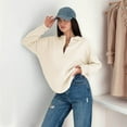 thumbnail image 3 of Women'S Casual Loose Long Sleeve Lapel Pullover Sweater Solid Color Lazy Style Knitted Top Cream White L, 3 of 5