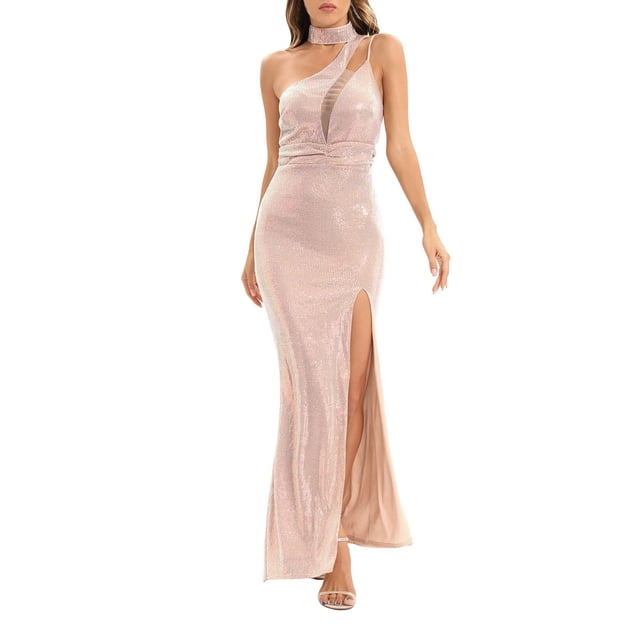 Gibobby Vestidos de fiesta largos elegantes Vestido de noche largo elástico con lentejuelas y abertura en el cuello con correas de hombro encorvadas para mujer(Rosa,G)