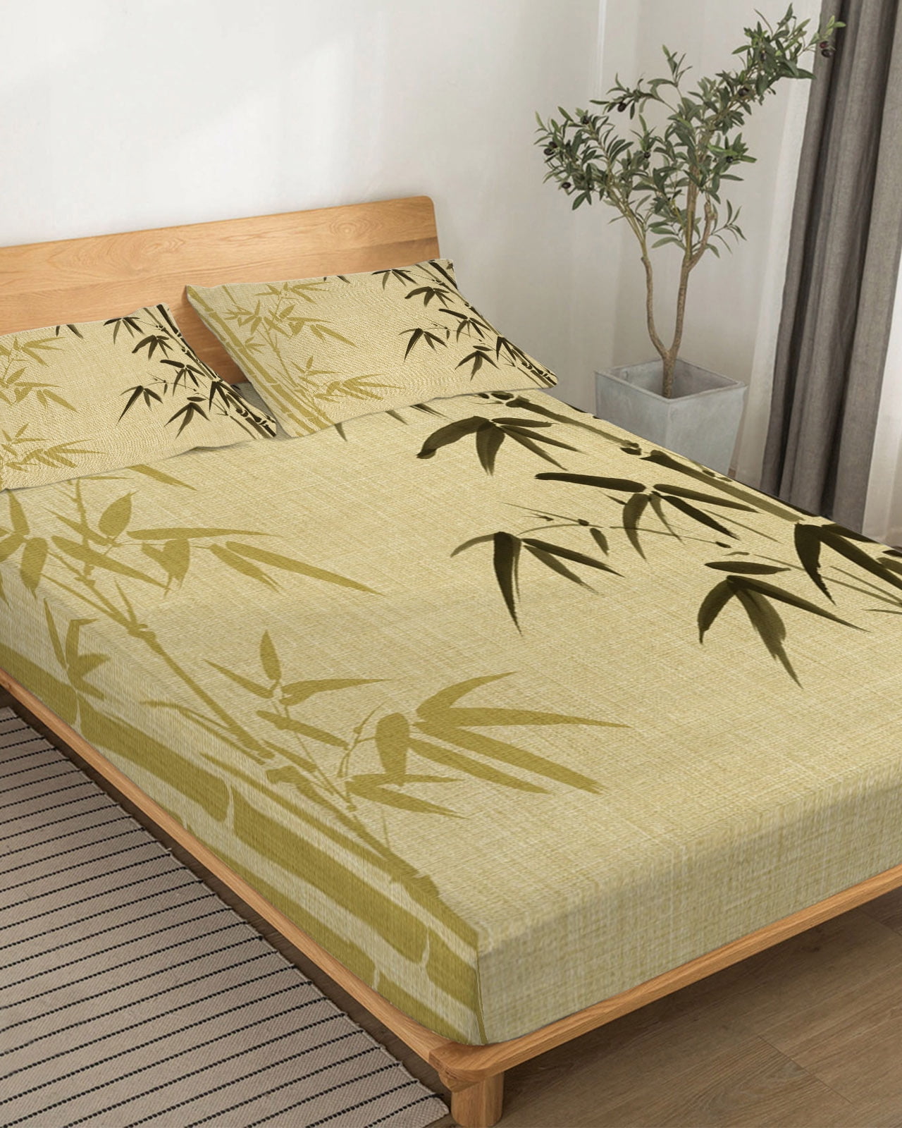 4 Piece Queen Sheet Set Vintage Bamboos Sheets Set for Queen Size Bed, Breathable Soft Microfiber Bed Sheets Cooling Ink Painting Retro Art Rustic Fitted Sheet Deep Pocket, Pillowcases