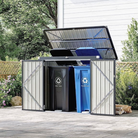 Dateyes 3.3’ x 5.6’ Storage Shed Outdoor Metal Trash Can Shed with Lockable Doors and Easy Lift Hinges, Black
