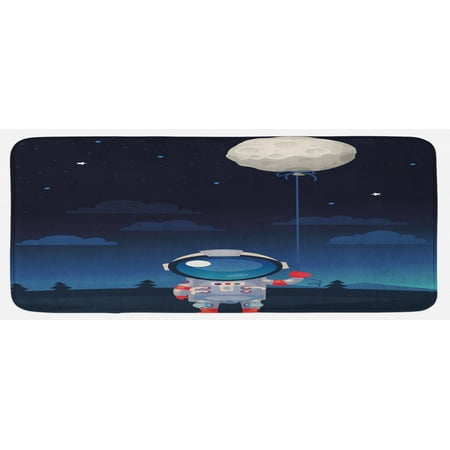 

Space Kitchen Mat Astronaut in Spacesuit Holding a Moon Shaped Balloon in His Hand Print Plush Decorative Kitchen Mat with Non Slip Backing 47 X 19 Indigo and Pale Grey by Ambesonne