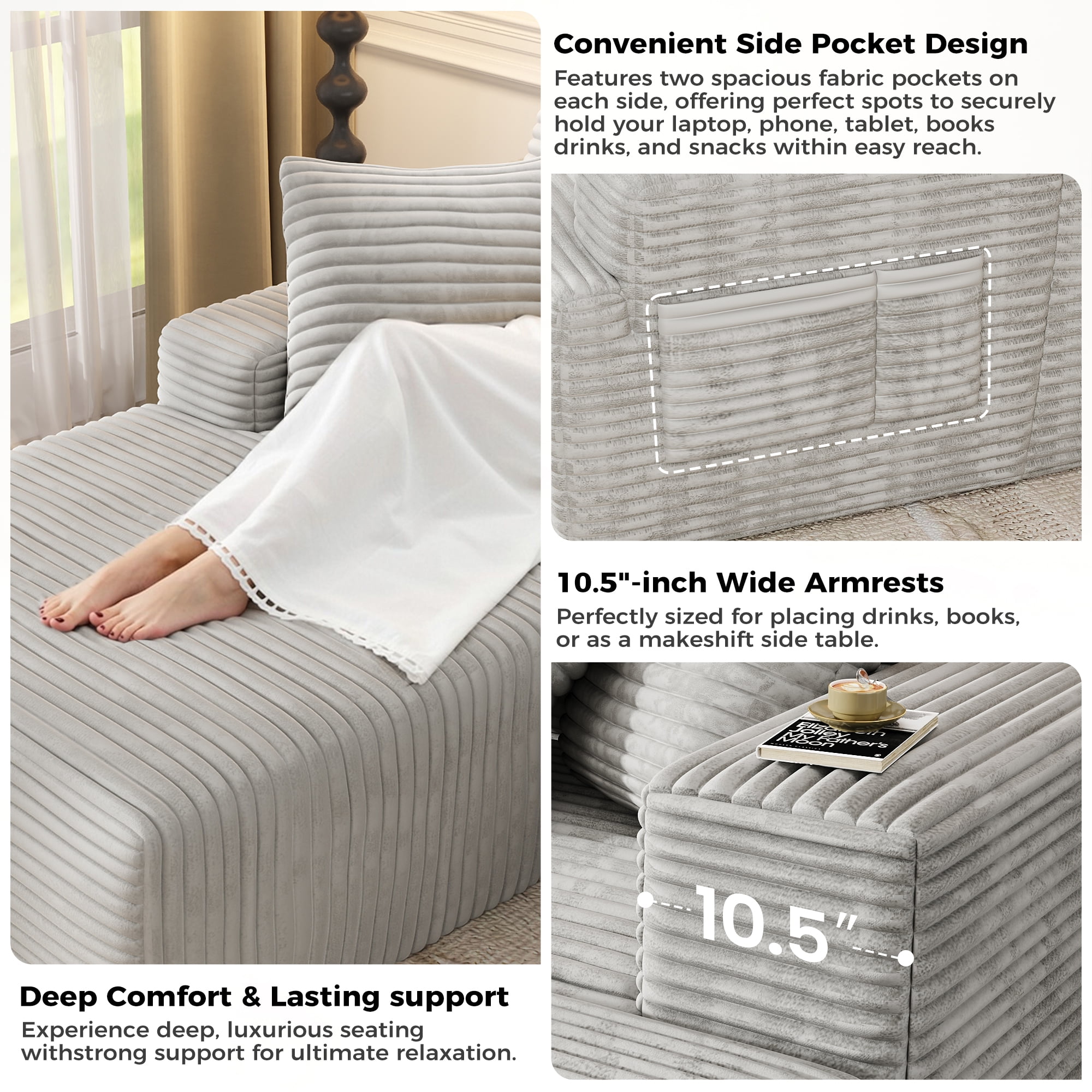 104" Modular L-Shaped Sectional Sofa, No Assembly Required Boneless Sofa with Chaise, High Resilience Foam & Corduroy Fabric, for Living Room Bedroom,(Oyster White)