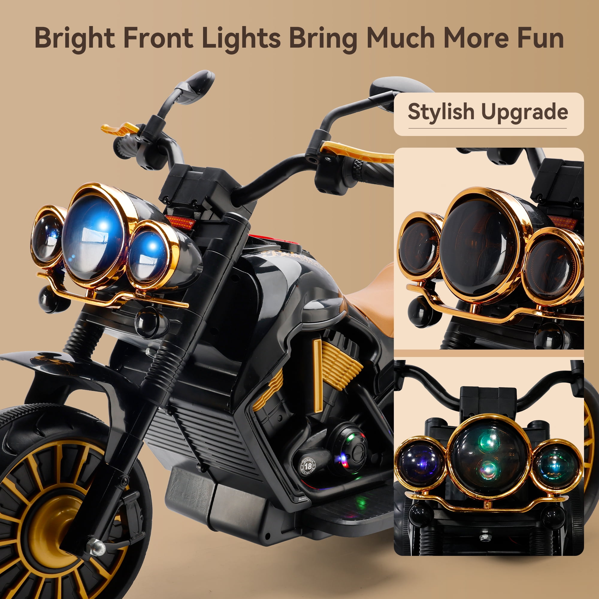 Bruce&Shark Kids Electric Motorcycle Ride On Toy, 3-Wheel Chopper, Dual Drive Battery Powered Motorbike for Kids 1-8 years Boys Girls
