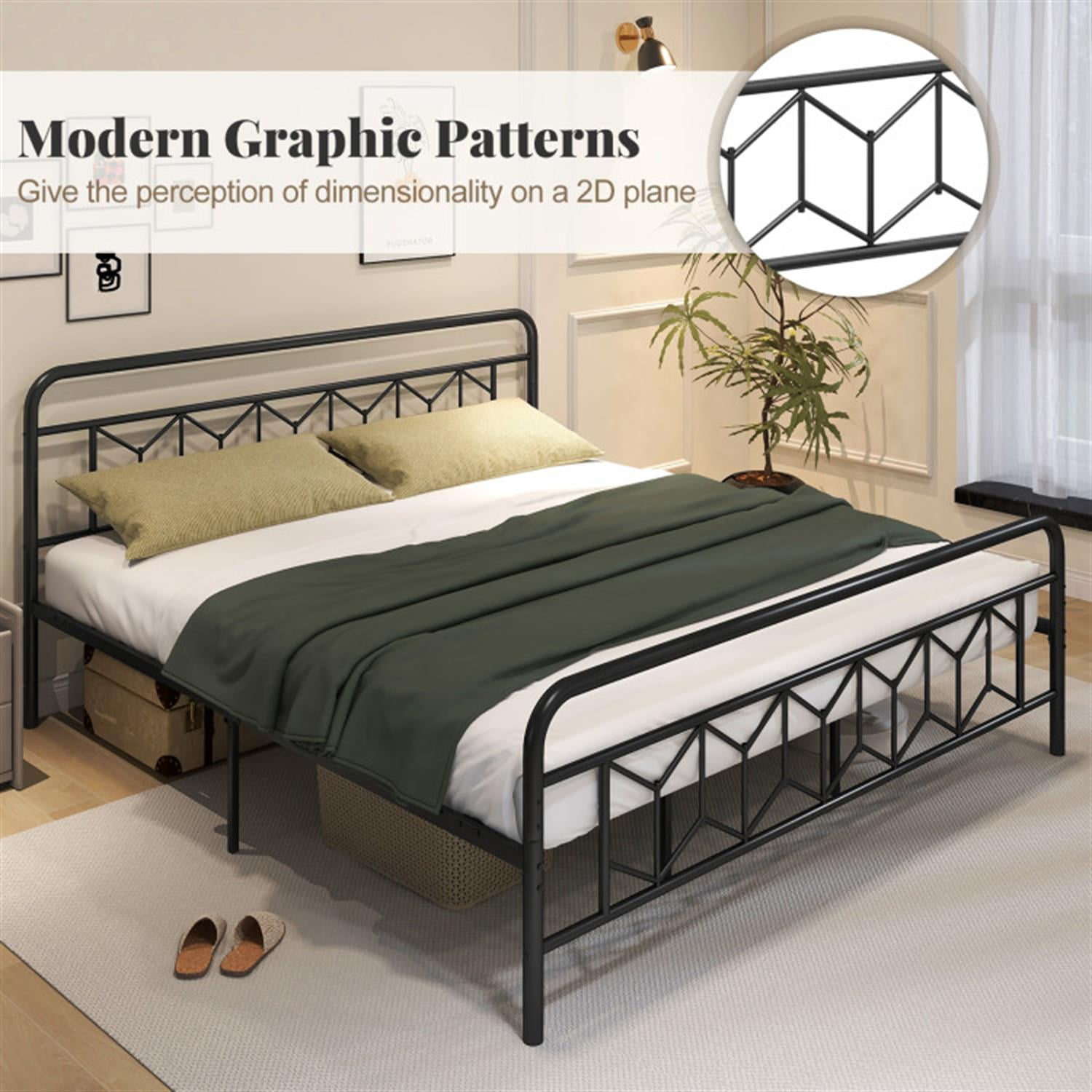 Demi Bonn King Size Bed Frame with High Headboard and Snap Lock Metal Slats, Platform Bed Frame with Under Bed Storage, No Box Spring Needed, Black