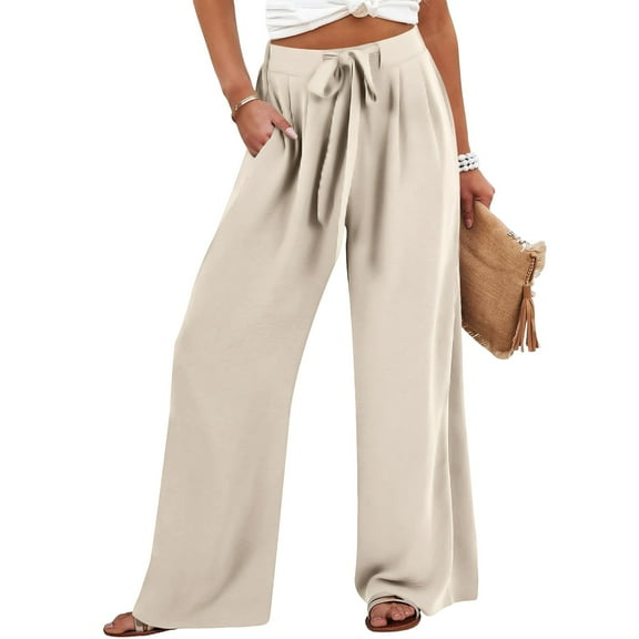 Ruimatai Women's Casual High Waist Wide Leg Pants Loose Long Pants With Pocket Solid Bandage Comfortable Stretchy Polyester Fashion Trousers