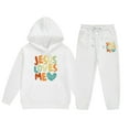 thumbnail image 3 of Girls 2 Piece Outfits Sweatsuit Jesus Loves You Letter Print Hoodie Sweatshirt and Sweatpant Tracksuit Athletic Jogger Sets,White,2-3 Years, 3 of 6