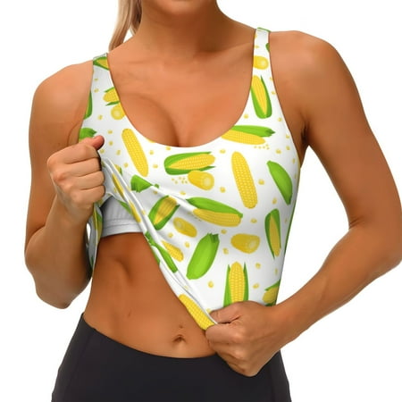 Qokaie Cartoon Corn Pattern Womens Scoop Neck Sports Bra Breathable Workout Vest Padded U Back Medium Impact Fitness Gym Yoga Bra Workout Crop Top