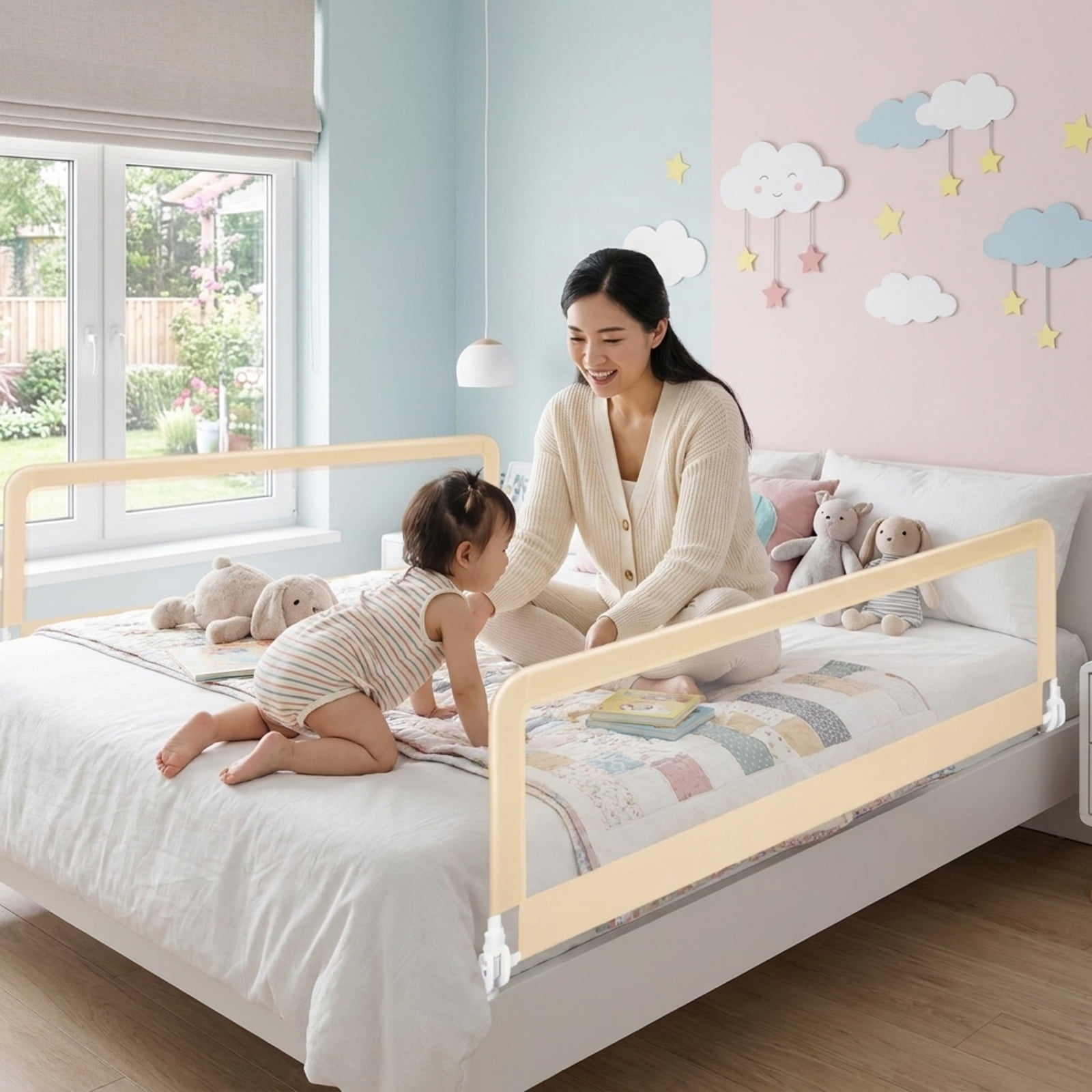 SUGIFT 59 Inch Folding Breathable Bed Side Rails Guard with Swing Down Design Mesh Panel Safety Strap Metal Crossbar and Washable Cover for Bedside Protection, Beige
