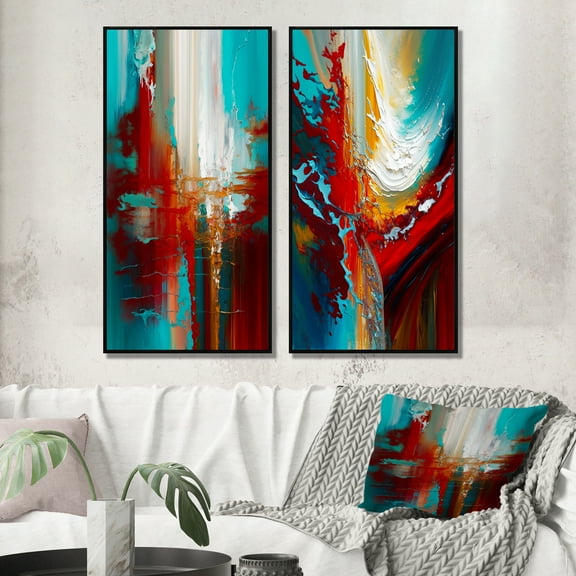 Designart "Teal Rhythms Abstract Awakening I" Abstract Painting Framed Wall Art Set Of 2 - Modern Red Framed Wall Art Set Of 2