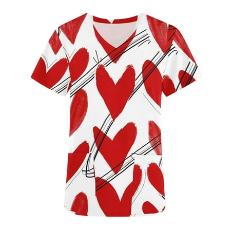 

REORIAFEE Valentine s Day Women Scrubs Tops Love Heart Print Medical Scrub Shirts Working Uniform Short Sleeve V-Neck Tops Working Uniform Valentine s Day With Pocket Blouse Red L
