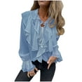 thumbnail image 2 of Guieoi Womens Tops under $10 Womens Solid Color Trumpet Long Sleeved Bandage Turndown Collar Button Top Blue Black*Friday/Cyber*Monday, 2 of 5