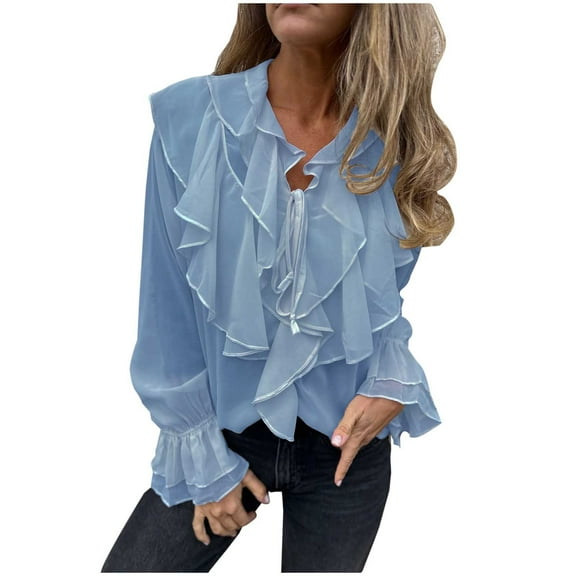 Lenpel Women's Chiffon Tops Bell Long Sleeve Tie Front Collared Ruffle Trim Layered Button down Shirts Dressy Casual Blouses(Blue,X-Large)