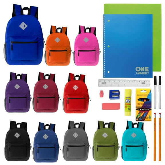 12 Wholesale 17" Diamond Patch Backpacks in Asst Colors & 12 Bulk School Supply Kits (34 Piece)