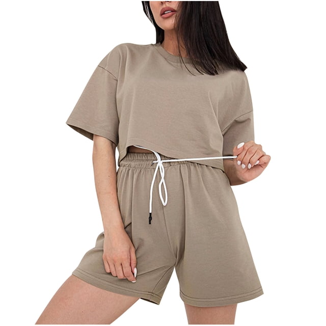 Yuyuzo Ensembles 2 Pcs pour Femmes Col Rond Manches Courtes Hauts Courts Shorts Taille Haute à Cordon Ensembles de Détente