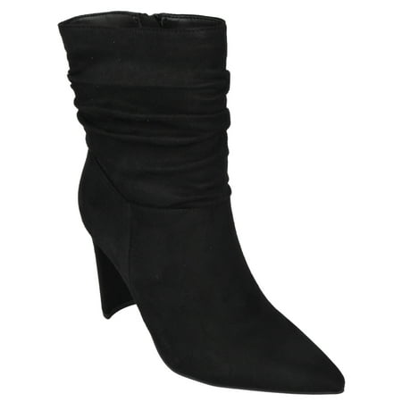 

Delicious Women Mid-Calf Short Slouch Boots High Heels Side Zipper Booties Pointed Toe Public-S Black Suede 10