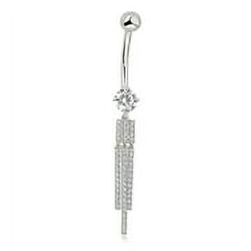 AVORA 10K White Gold Simulated Diamond CZ Tassel Dangle Belly Button Ring Body Jewelry (14 Gauge)