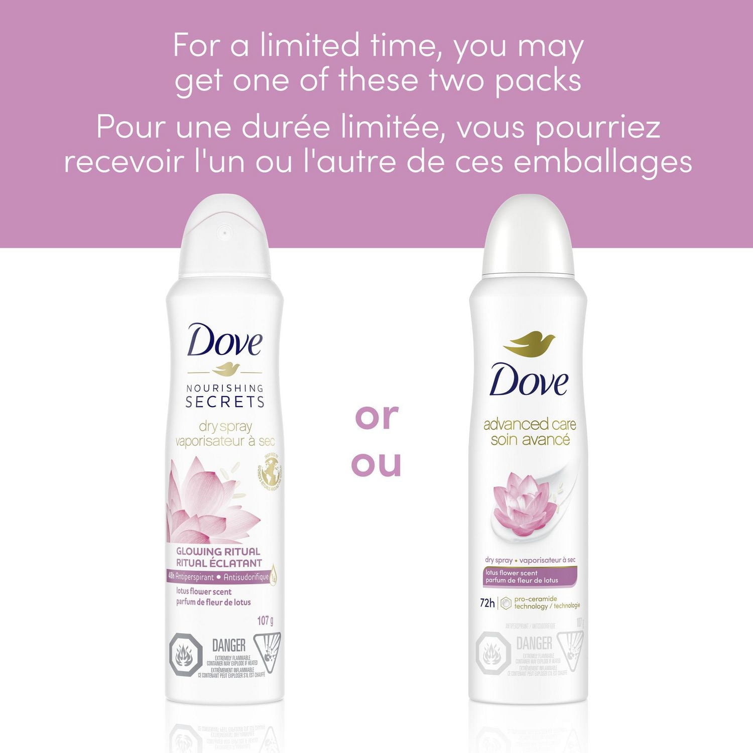 Dove Advanced Care Antiperspirant Dry Spray for Women with Pro-Ceramide Technology Lotus Flower Scent for Soft, Resilient Skin, 107g