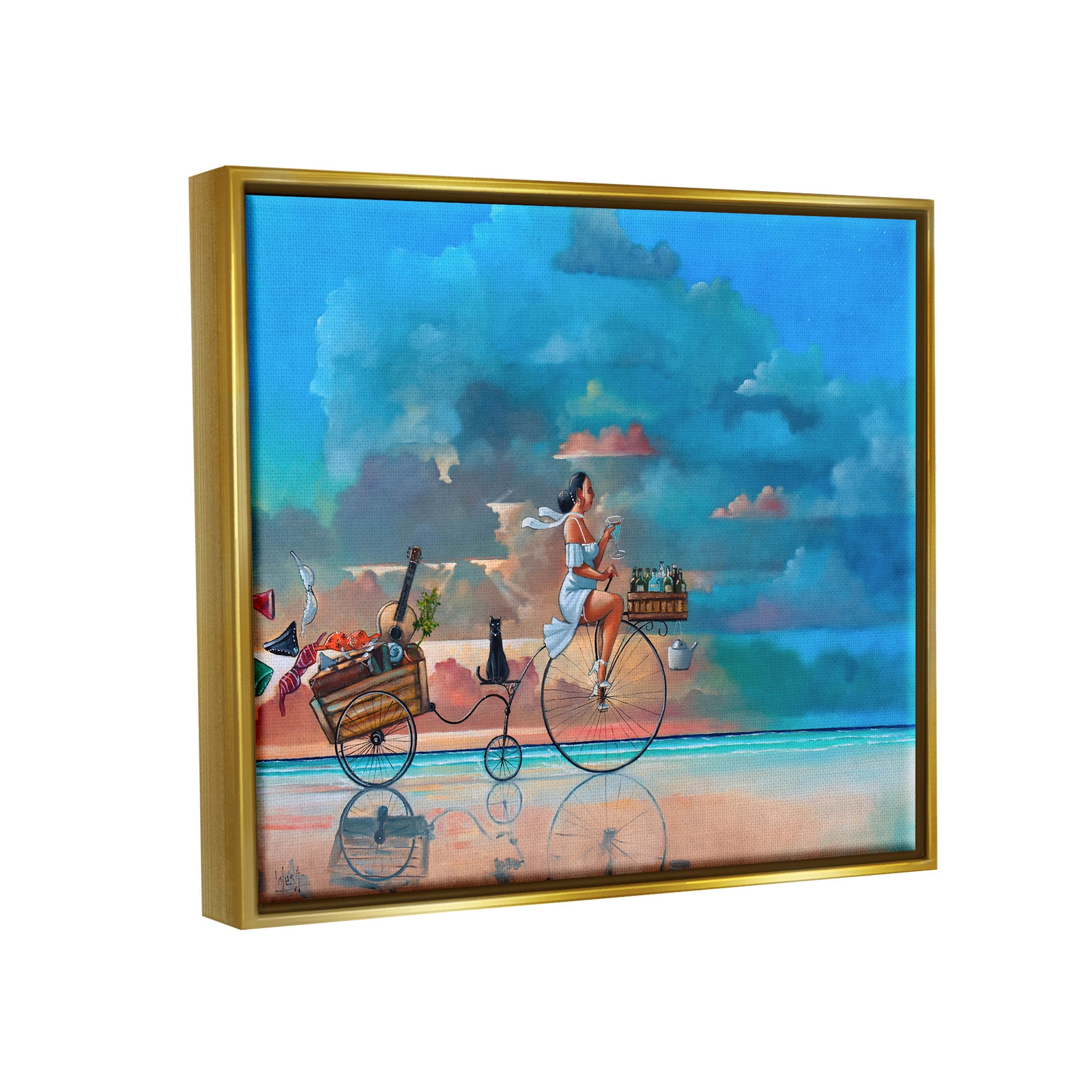 Summer Beach Bike Ride Reflection Coastal Painting Metallic Gold Framed Art Print Wall Art