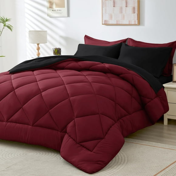 Juego de edredón HEVUMYI rojo y negro Queen de 7 piezas para todas las estaciones